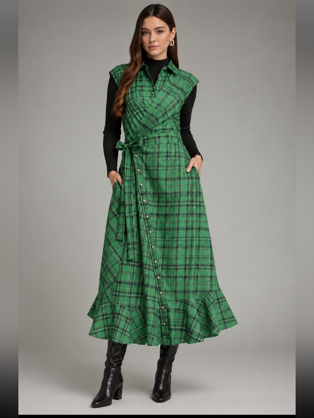 Mystree green plaid wrap midi dress NWT Fall Maxi